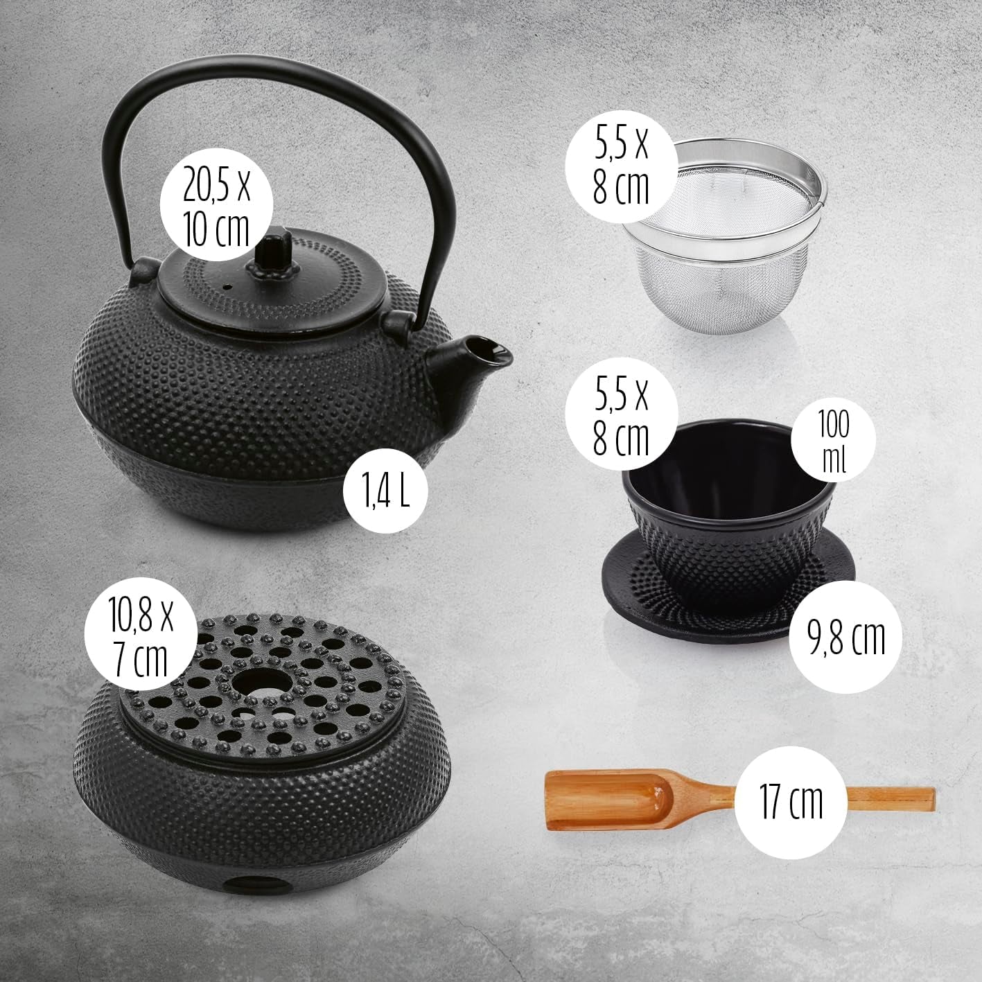 Lumaland 8-teiliges Teeservice | 1,4 Liter Tetsubin-Teekanne aus Gusseisen | Gusseisenheizung | 2 Teetassen und 2 Untertassen | Japanisches Teeservice inklusive Messlöffel aus Bambus und Teesieb aus Edelstahl