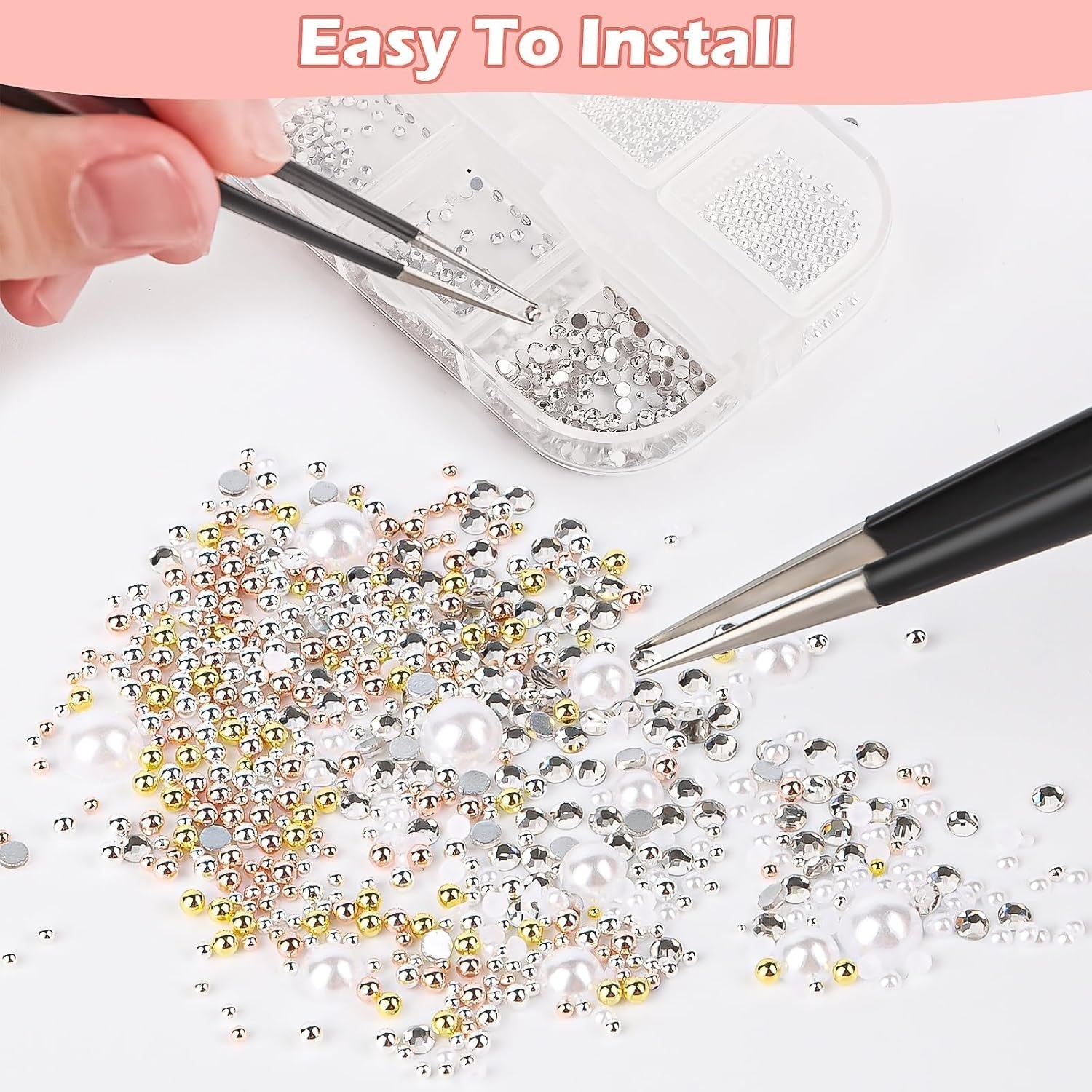 2 Boxen Nail Art Strasssteine, Mit Tweezers Nägel Flatback Perlen Nail Charms Mit Kristallen Nagelzubehör Diamanten Edelstahl-Perlen Für Nagelschmuck