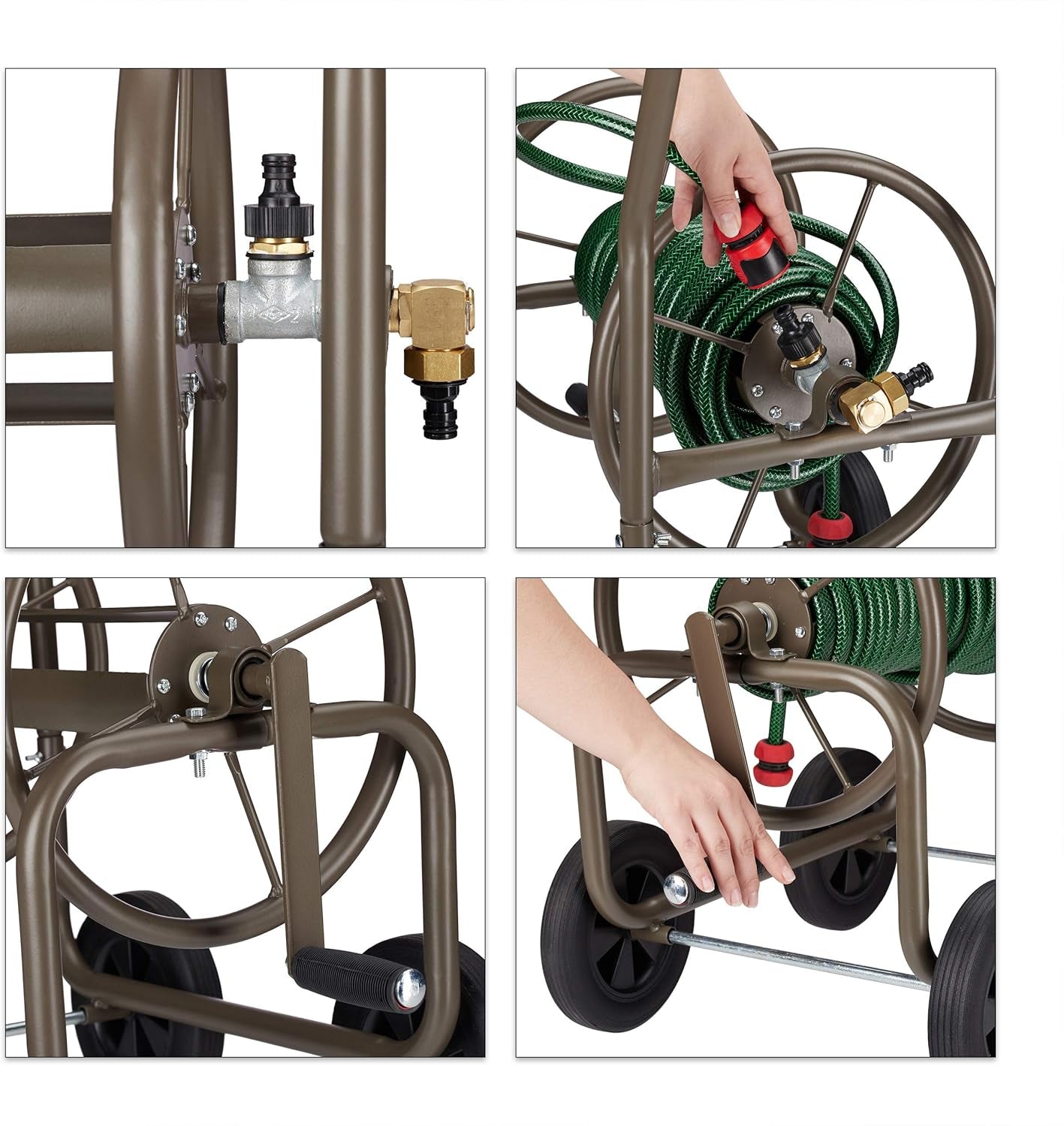 Relaxdays XL Schlauchwagen, mobile Schlauchtrommel, Metall, für 60 m Schlauch, 4 Räder, mit Kurbel, 90°-Rolle, braun