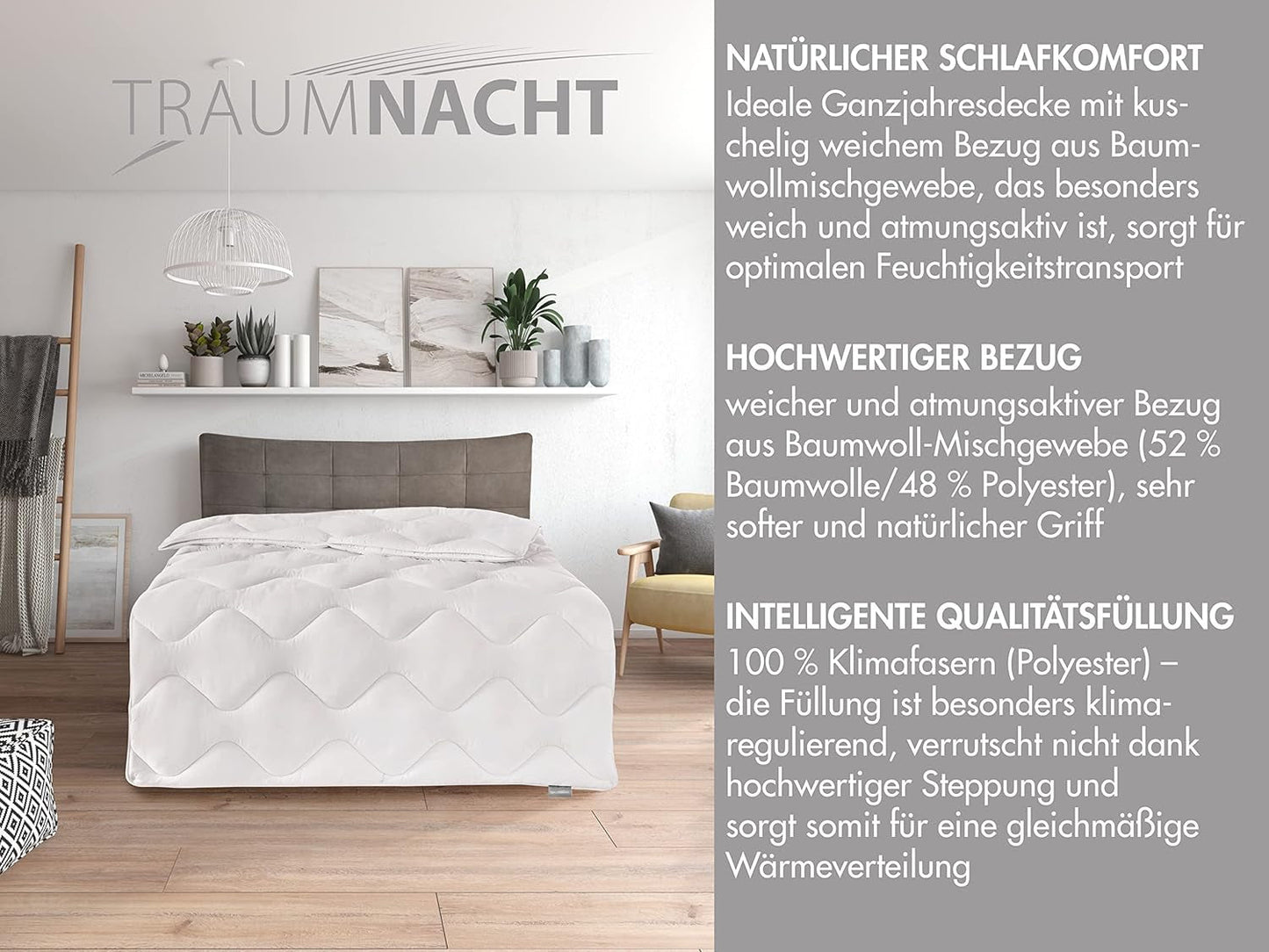 Traumnacht Bequeme Baumwoll-Mono-Steppdecke für alle Jahreszeiten, ideale Übergangsdecke mit Bezug aus Baumwollmischung, 135 x 200 cm, waschbar, Öko-Tex-zertifiziert, hergestellt nach deutschem Qualitätsstandard. Steppdecken und Quilts Naty Shop