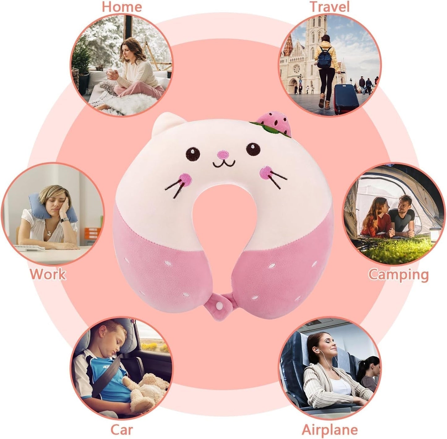 Litimkat Kinder-Nackenkissen, tragbares Nackenkissen, Reisekissen, U-förmiges Memory-Schaum-Kissen, Reisen, Flugzeug, Auto, Zug, Büro, Zuhause, niedlicher Tiermuster-Kissenbezug, abnehmbar (rosa), orthopädische Halskissen, Naty Shop