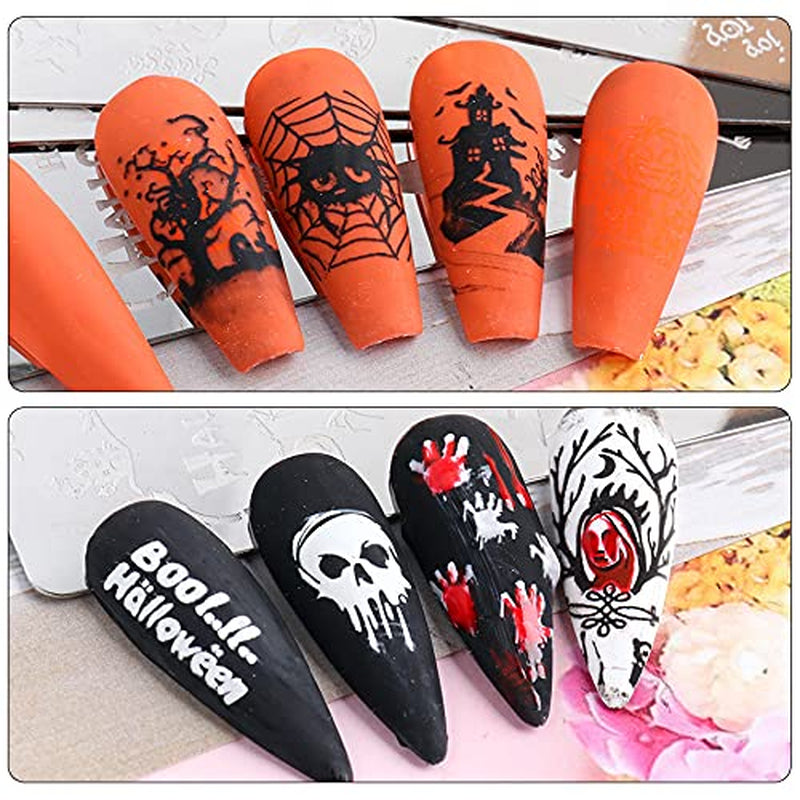JMEOWIO Nail Stamping Schablonen Halloween 6 Stück Nagelstempel Schablonen Nail Art Dekoration Nageldesign Zubehör Böse Gruselige Kürbis-Geisterhexe