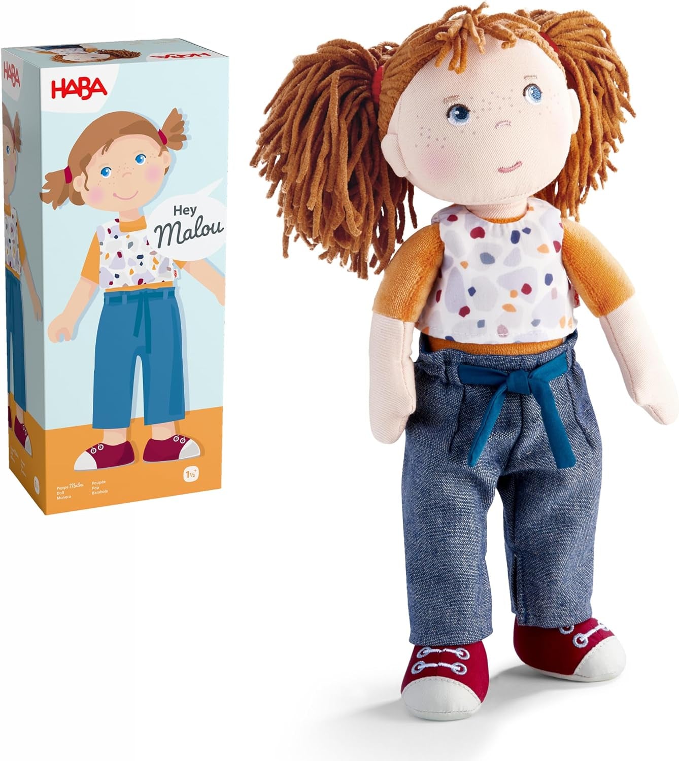 HABA Malou Puppe – 30 cm hohe Kuschelpuppe zum Spielen und Kuscheln – Weiche und waschbare Materialien – Ideale Alternative zu Plüschpuppen – Geeignet für Kinder ab 1,5 Jahren – 2010818001