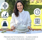 48-teiliges Keramik-Steinzeug-Geschirrset für 12 Personen, Ibiza-Design, TESTSIEGER. Ein wunderschönes mediterranes Geschirrset aus Keramiksteinzeug mit Schüsseln und Tellern. Pure Living Geschirrset, beige.