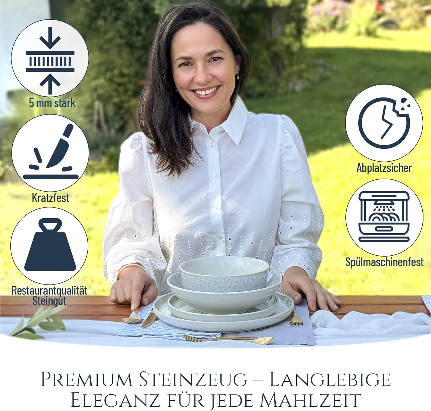 48-teiliges Keramik-Steinzeug-Geschirrset für 12 Personen, Ibiza-Design, TESTSIEGER. Ein wunderschönes mediterranes Geschirrset aus Keramiksteinzeug mit Schüsseln und Tellern. Pure Living Geschirrset, beige.
