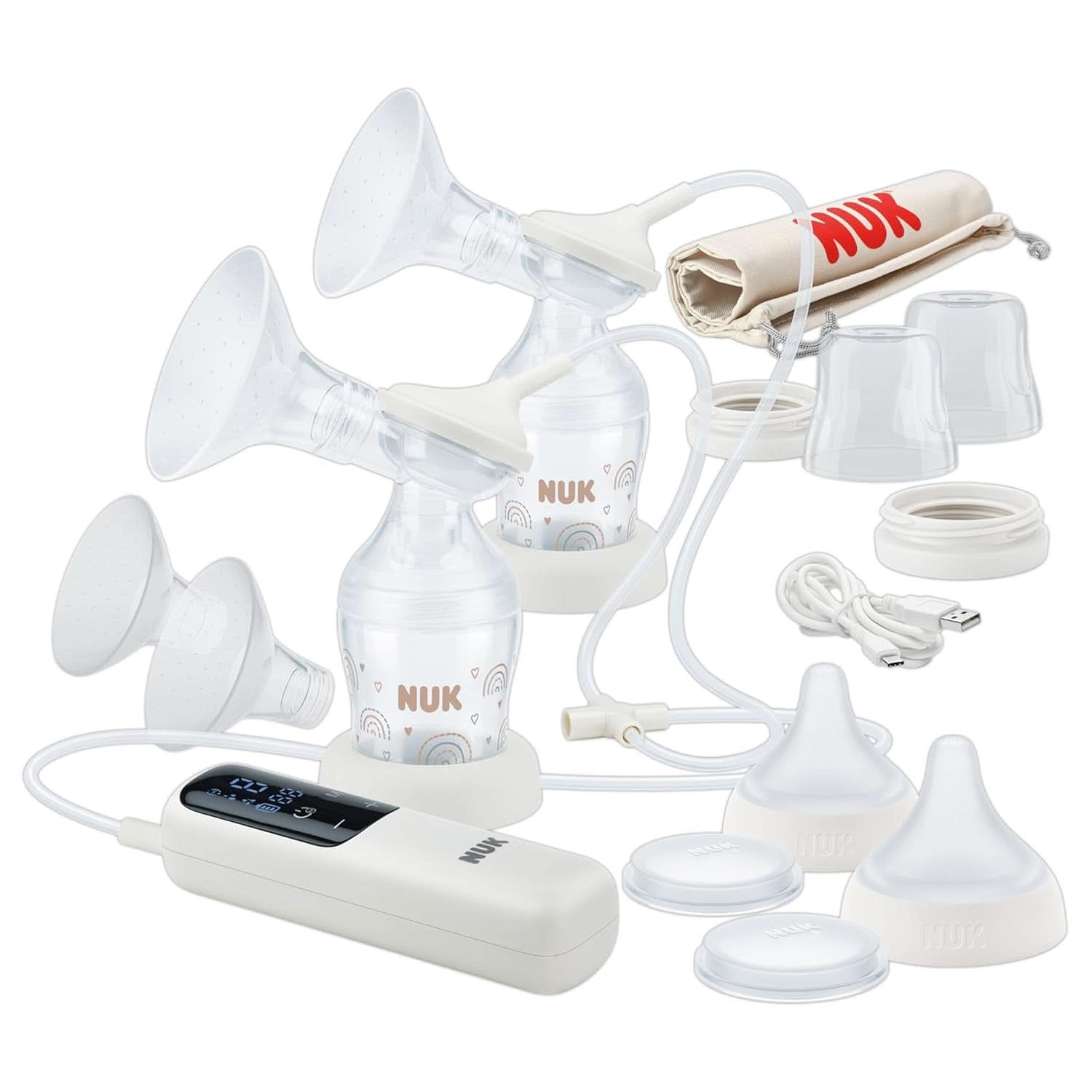 NUK Handmilchpumpen-Set, weiches Silikonkissen, 2 perfekt aufeinander abgestimmte Flaschen, 150 ml Lebensmittel- und Stillzubehör Bebe Naty Shop Doppel-Milchpumpe