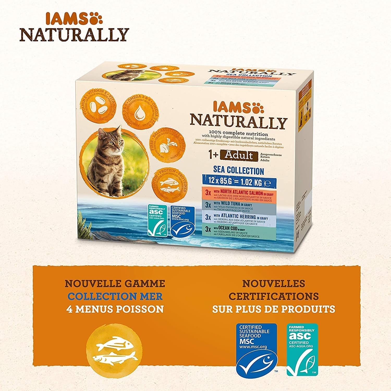 IAMS Natürliches Nassfutter für Katzen in Soße – Hochwertiges Nassfutter mit Fisch für ausgewachsene Katzen, Sea Collection, 12 x 85 g