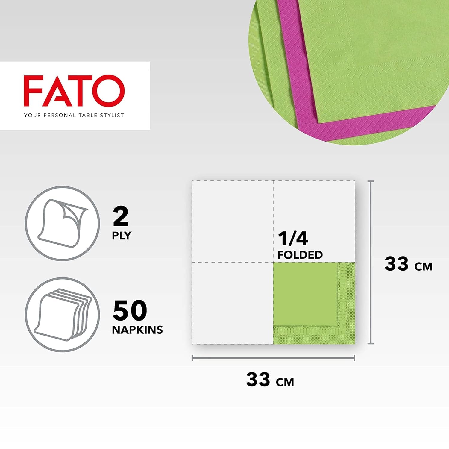 , Einweg-Papierservietten, ideal für zwanglose Mittagessen und Buffets, Packung mit 50 Servietten, Größe 33 x 33, 4-fach gefaltet, 2-lagig, apfelgrüne Farbe, 100 % reines Zellulosepapier, FSC