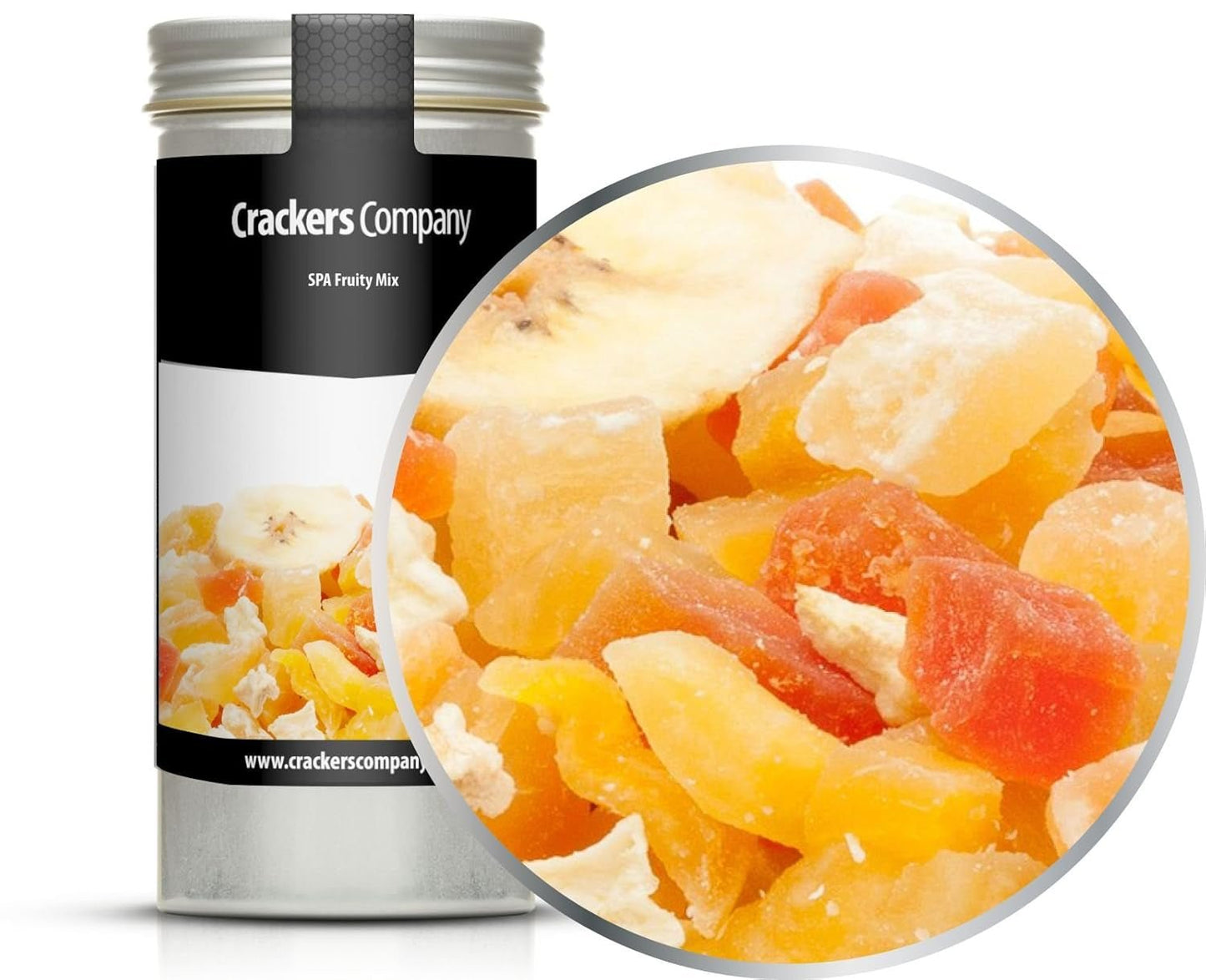 1 x 3 kg exotische Fruchtmischung, kandierte Fruchtstücke, Papaya, Mango, Wassermelone, Ananas, Kokosnuss, Apfel, Banane, fettarm, salzarm, vegetarisch, glutenfrei, laktosefrei, dehydrierte Produkte, mein Shop, 4 x 80 g, in Aluminiumbox (320 g)