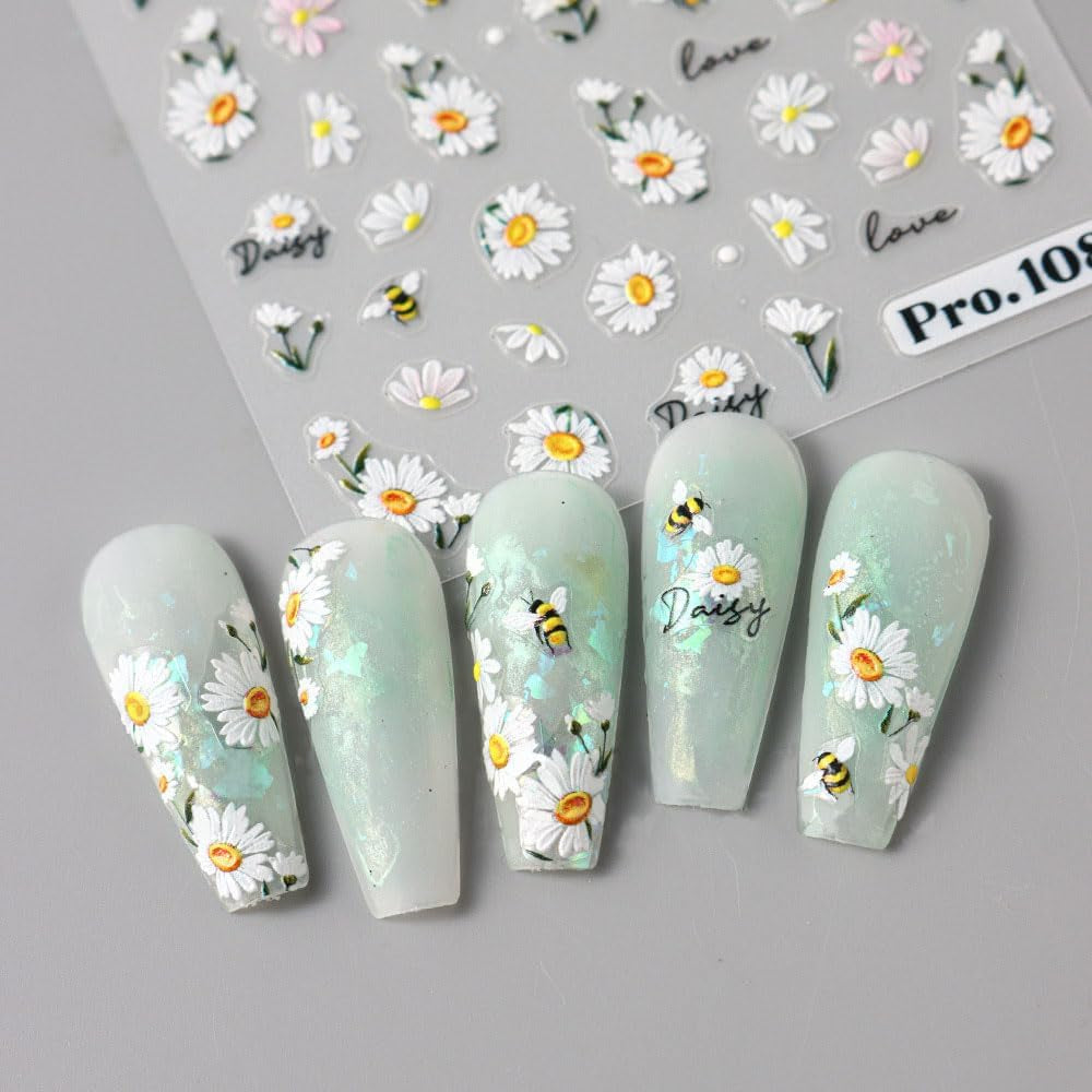 5Pcs Geprägte Gänseblümchen Nagelsticker Selbstklebend Blumen Nagelaufkleber Gänseblümchen Schmetterling Nagel Sticker Nageldesign Aufkleber Nägel Zubehör Blume Nail Sticker Flower Nail Art Sticker