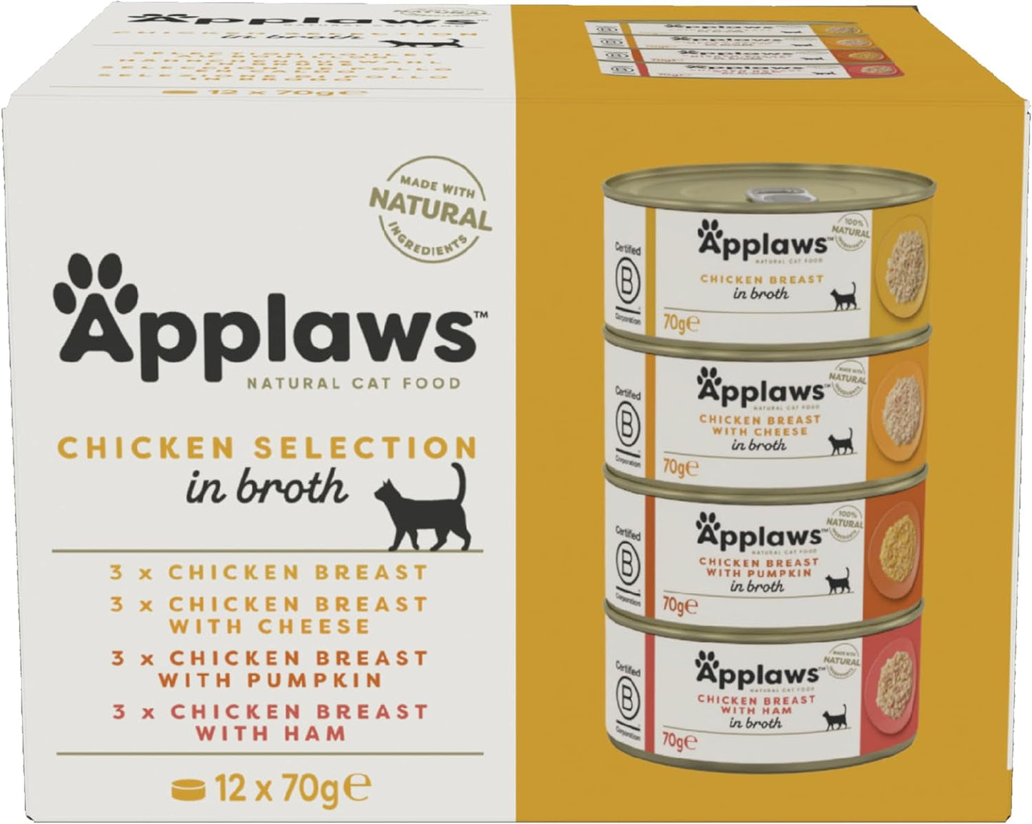 Applaws 100 % natürliches Premium-Nassfutter für Katzen, Hühnerbrühe-Auswahl für ausgewachsene Katzen – 4er-Packung (12 x 70 g)