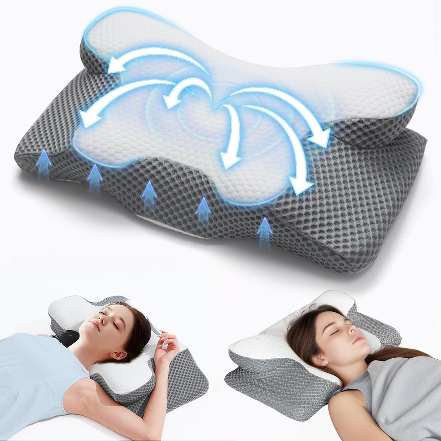 2-in-1-Nackenkissen, Memory-Schaum-Kissen, ergonomisches orthopädisches Kissen, 2 Schlafhöhen, Nackenstützkissen für Seiten-/Rücken-/Bauchunterstützung, zervikale orthopädische Kissen, Naty Shop, Grau