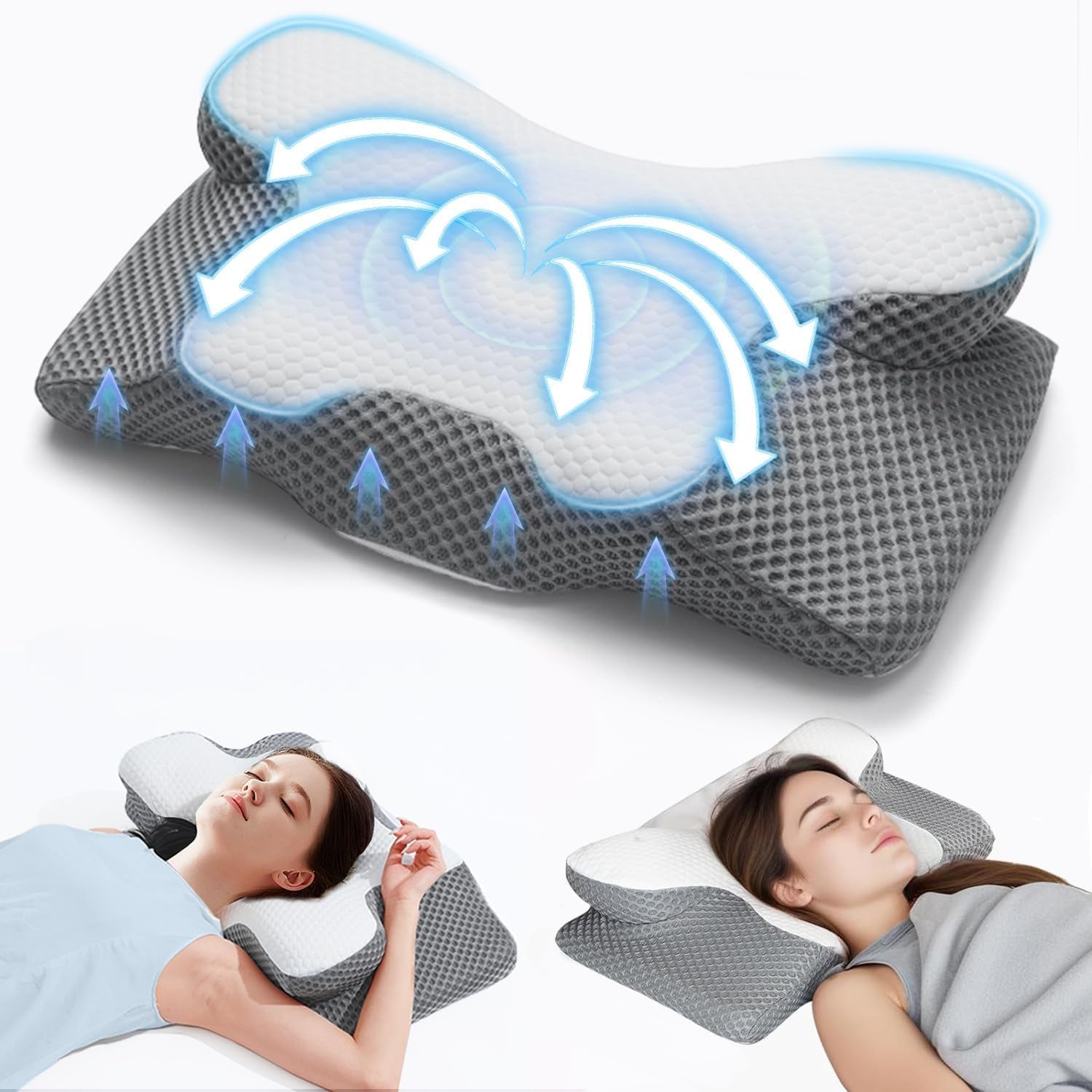 2-in-1-Nackenkissen, Memory-Schaum-Kissen, ergonomisches orthopädisches Kissen, 2 Schlafhöhen, Nackenstützkissen für Seiten-/Rücken-/Bauchunterstützung, zervikale orthopädische Kissen, Naty Shop, Grau