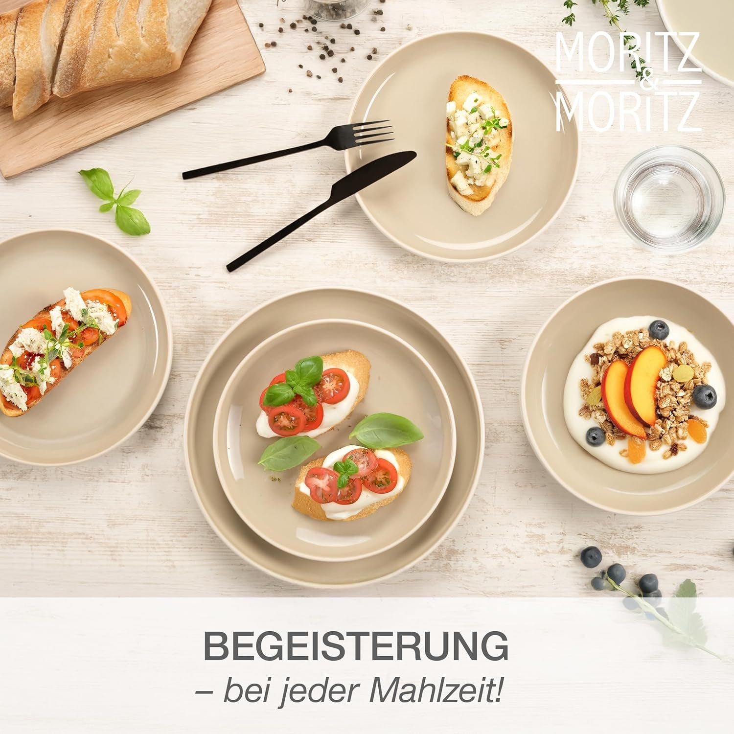 Moritz & Moritz CAVO Steinzeug-Geschirrset für 12 Personen, 36-teilig – Modernes Tafelservice in Sandfarbe – Pflegeleichtes Kombi-Set mit Tellern und Schüsseln – Kaffeeservice