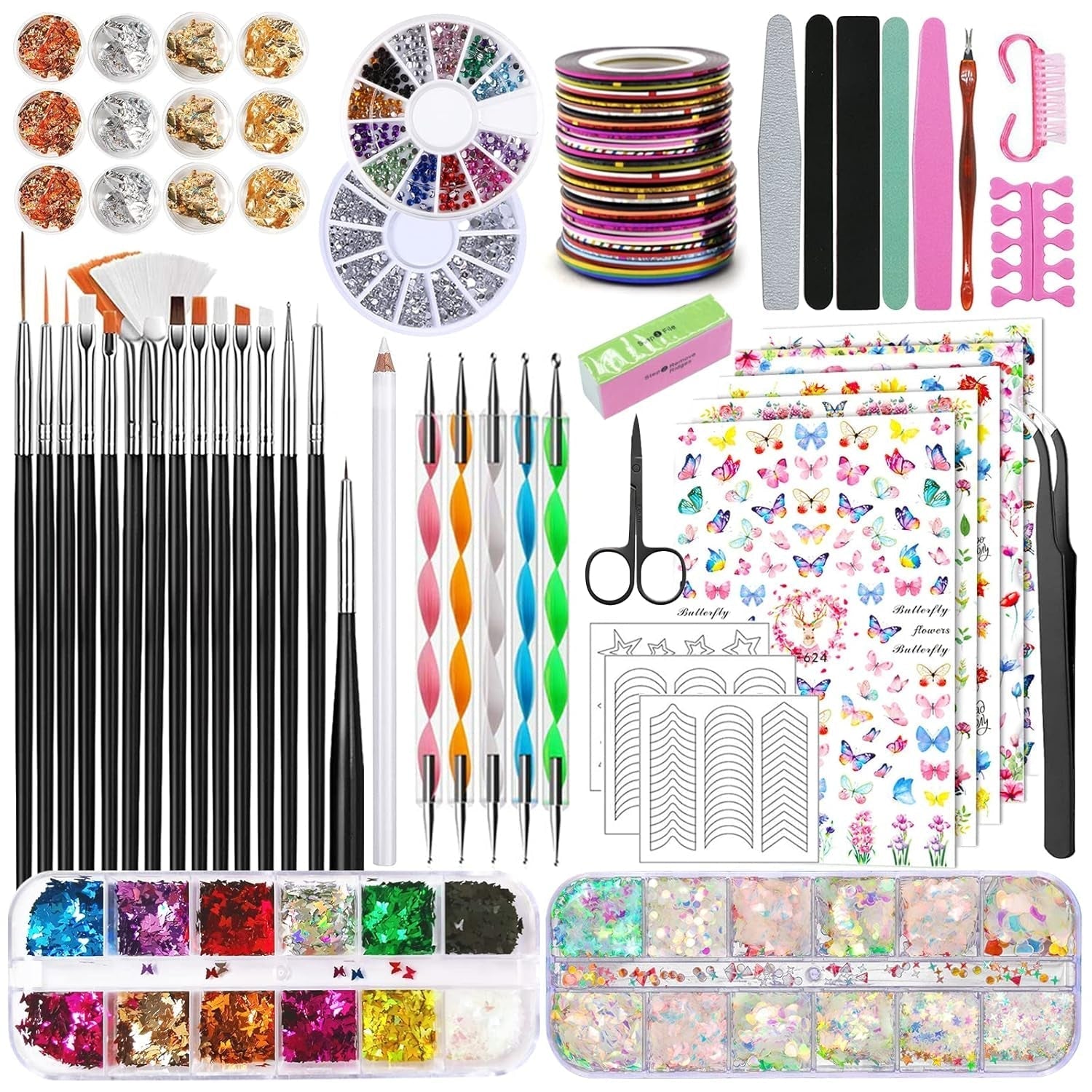 Nail Art Pinsel Und Dekorationen Set,Nail Art Dekoration Zubehör Set,15 Pcs Pinsel,5 Blätter Nagelsticker,5 Pcs Dotted Pen,Strasssteine ​​​​Nägel,Ultra Dünn Nagel Paillettes Für Nagelkunst Maniküre
