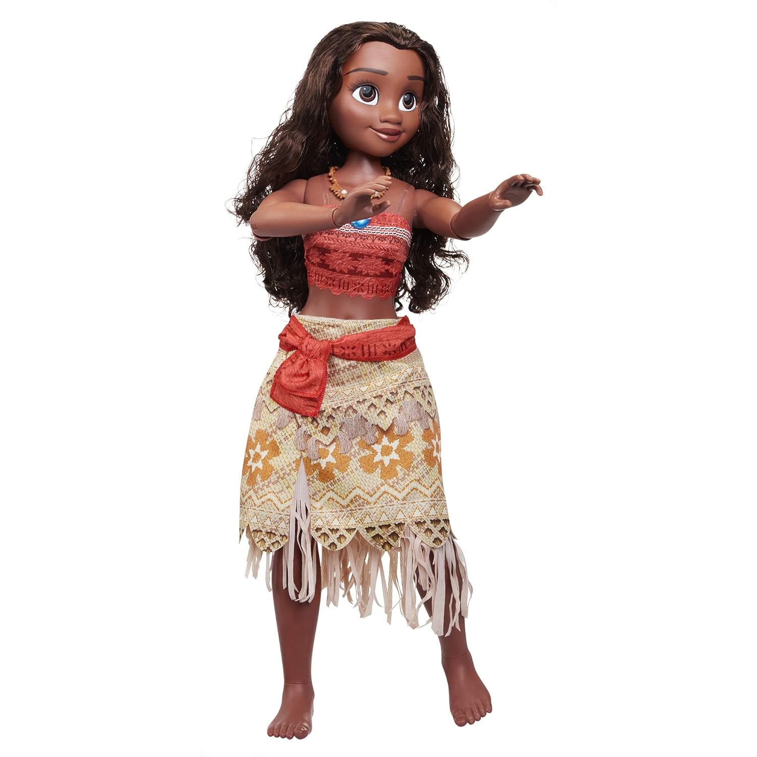 Disney Prinzessin Moana, 80 cm große Spielpuppe von Jakks Pacific, bewegliche Puppe mit Bürste zum Kämmen ihrer gewellten Locken, vom Film inspiriertes Kleid, abnehmbare Anhänger-Halskette, Puppen, Naty Shop