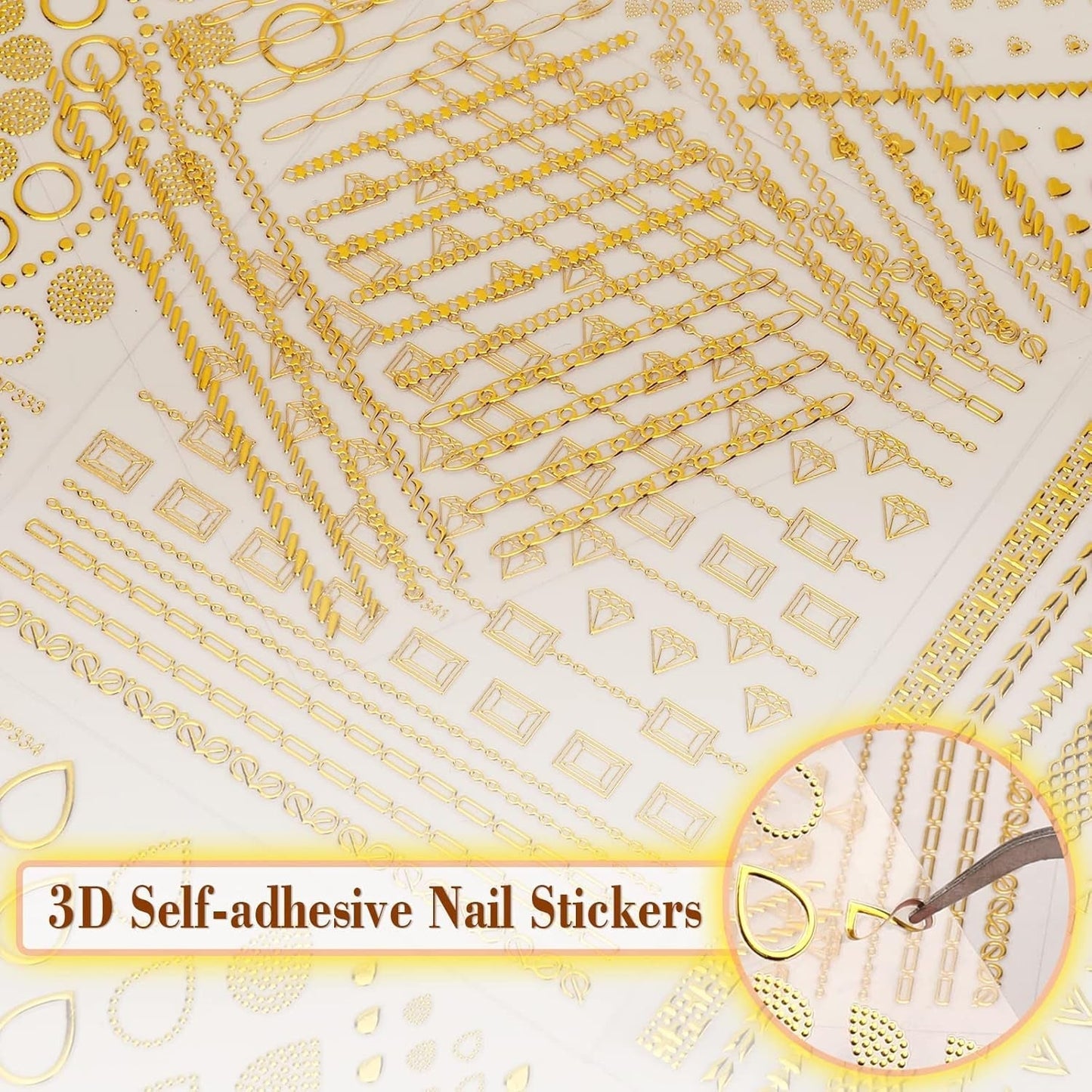 MWOOT 10 Blatt Gold Nagelsticker Abziehbilder Nail Art Sticker, 3D Selbstklebende Nagelaufkleber Set Linien Streifenband Design, Diy Metallisch Nailart Aufkleber Maniküre Zubehör Für Nagel Dekoration