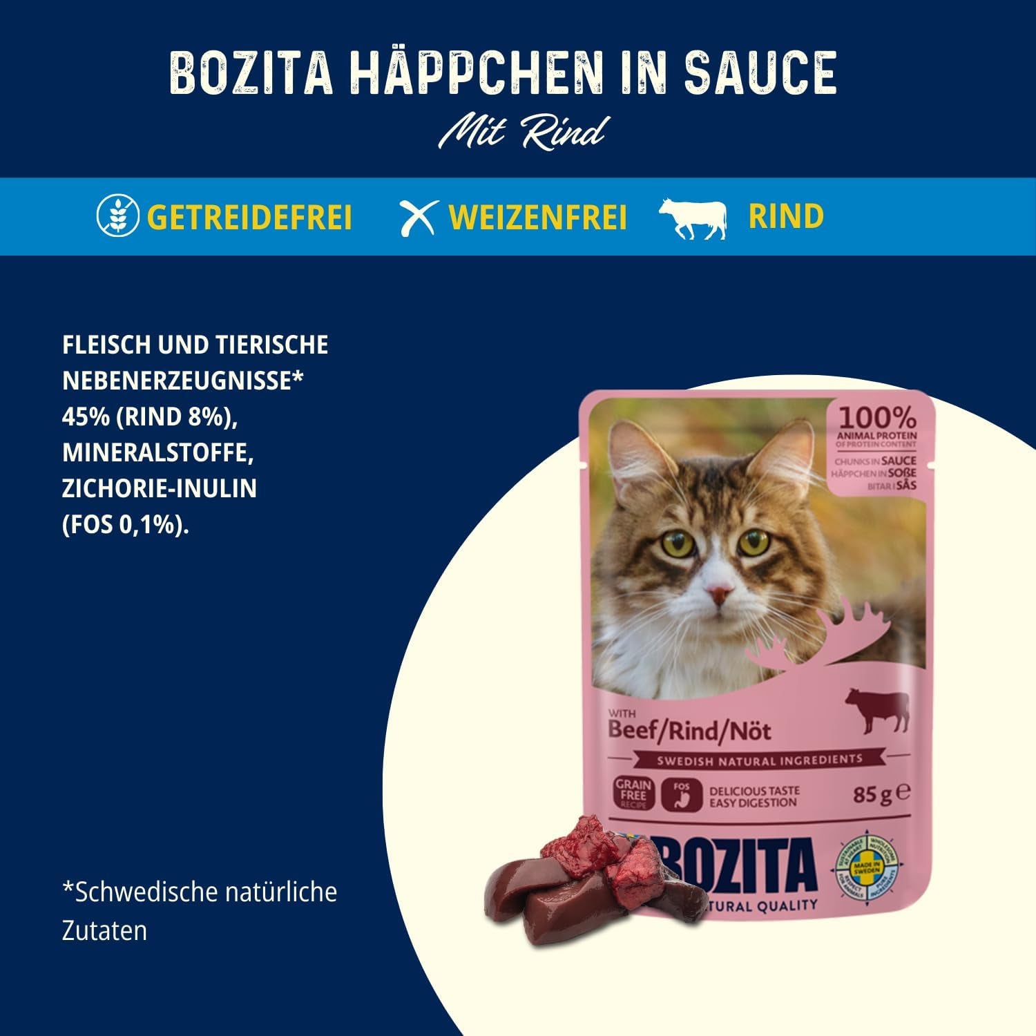 Bozita Pouch Nassfutterstücke in Rindfleischsauce – 12 Beutel x 85 g Getreide- und weizenfreies Nassfutter für Katzen – Nassfutter für erwachsene Katzen mit 8,5 % Protein und 4,5 % Fett