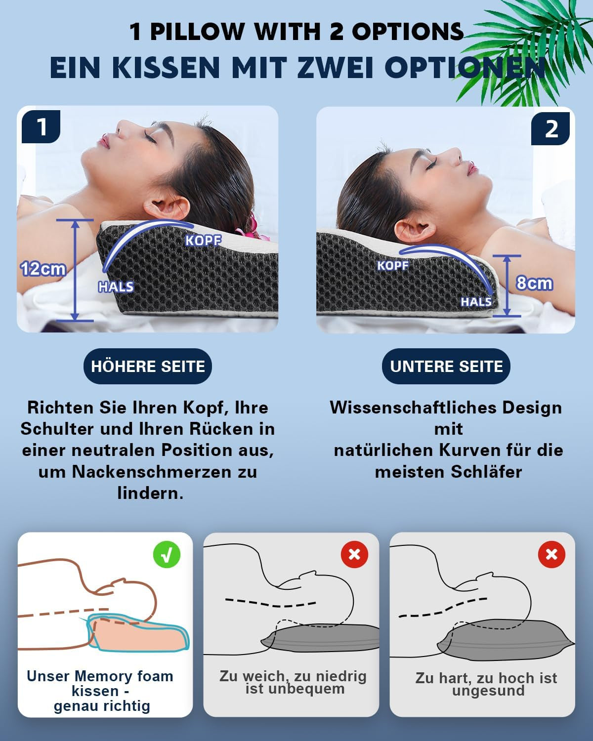 IDEA Kissen, ergonomisches orthopädisches Kissen gegen Nackenschmerzen, Memory-Schaum-Kissen für Seiten-, Rücken- und Bauchschläfer, Anti-Schnarch-Kissen für Männer und Frauen (62 x 34,5 x 12/8 cm). Orthopädische Nackenkissen von Naty Shop