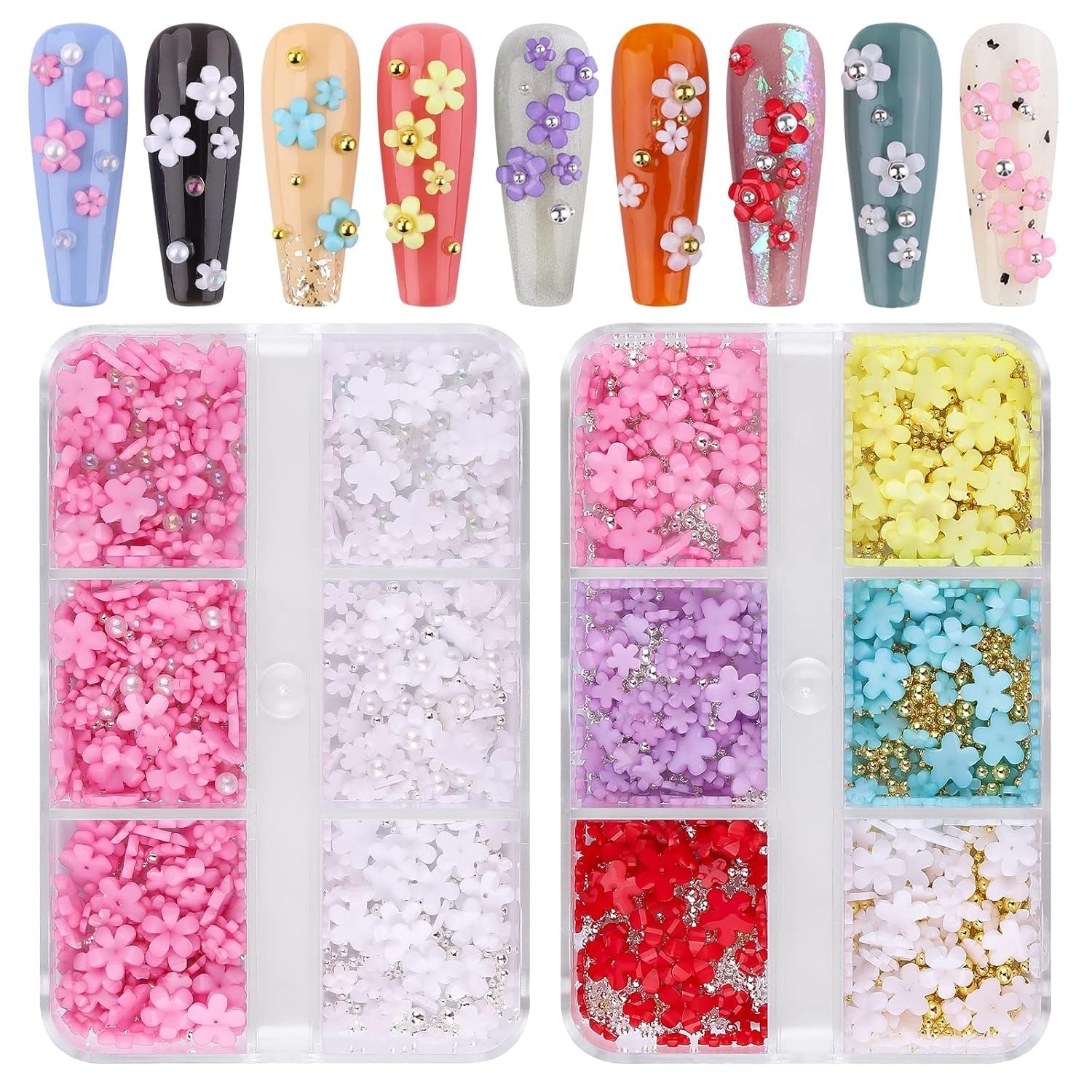 Kalolary Blumen Nail Art Charms, 3D-Acrylblumen für Nägel, fünf Blütenblätter, florale Ornamente, Nageledelsteine, Strasssteine, gemischte Metallperlen für DIY Nail Art Design, Schmuckherstellung (2 Boxen)
