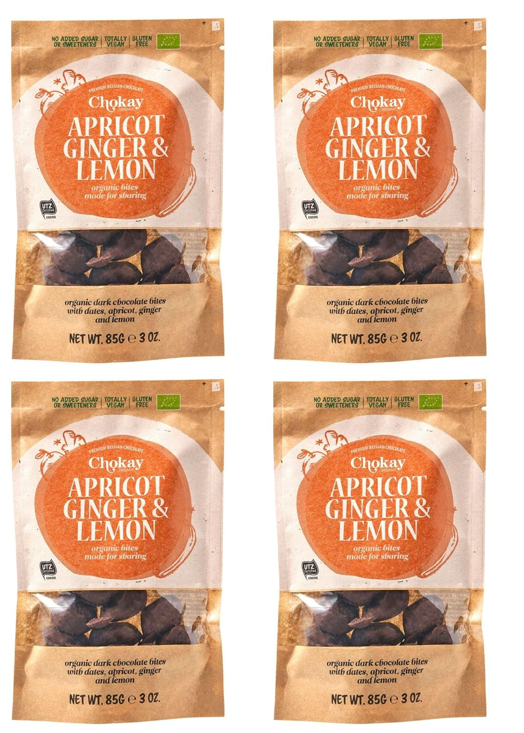 Set mit 4 Bio-Häppchen – Zimtmandeln/Zimtmandeln in belgischer Zartbitterschokolade/Ohne Zuckerzusatz, ohne Süßstoffe/VEGAN & FAIR TRADE / 4 x 85g