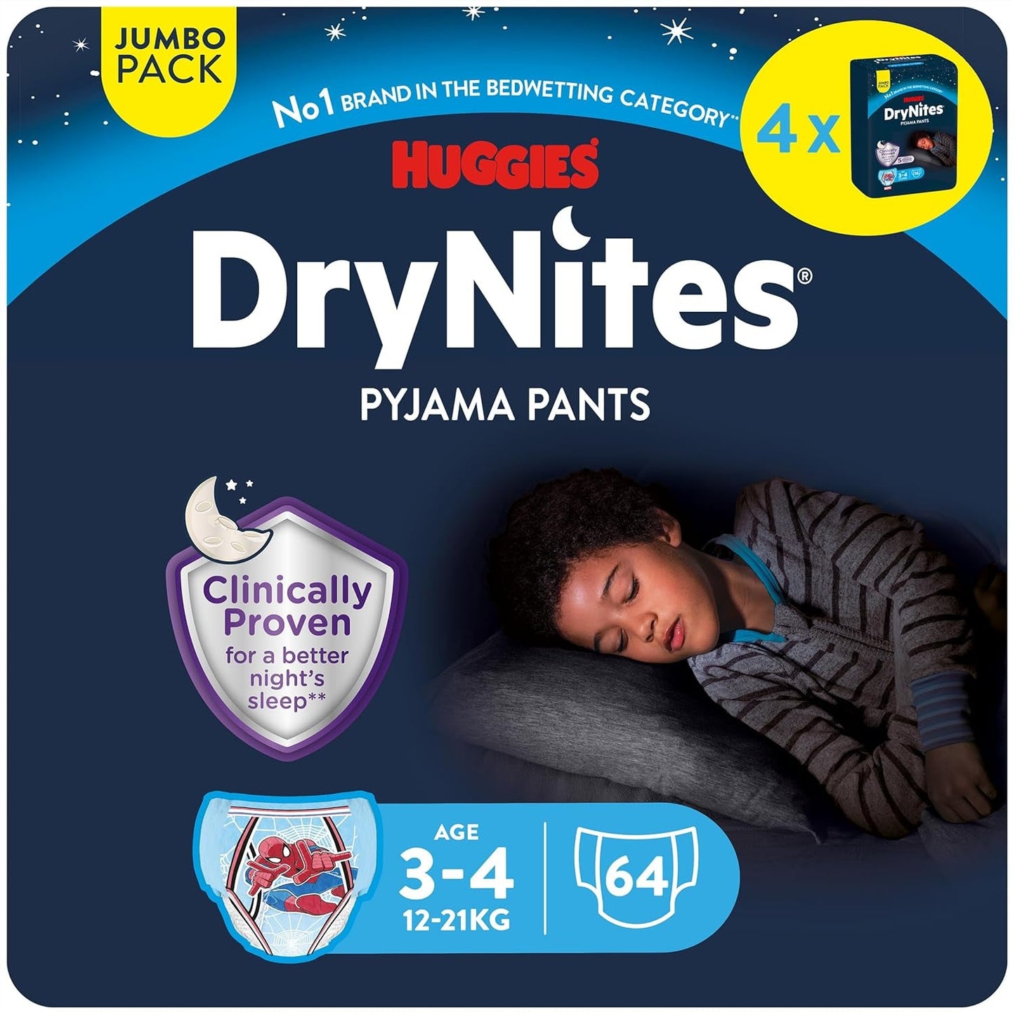 DryNites saugfähige Bettnässerwindeln für Jungen von 4–7 Jahren (17–30 kg), Jumbo-Monatspackung, 64 Stück