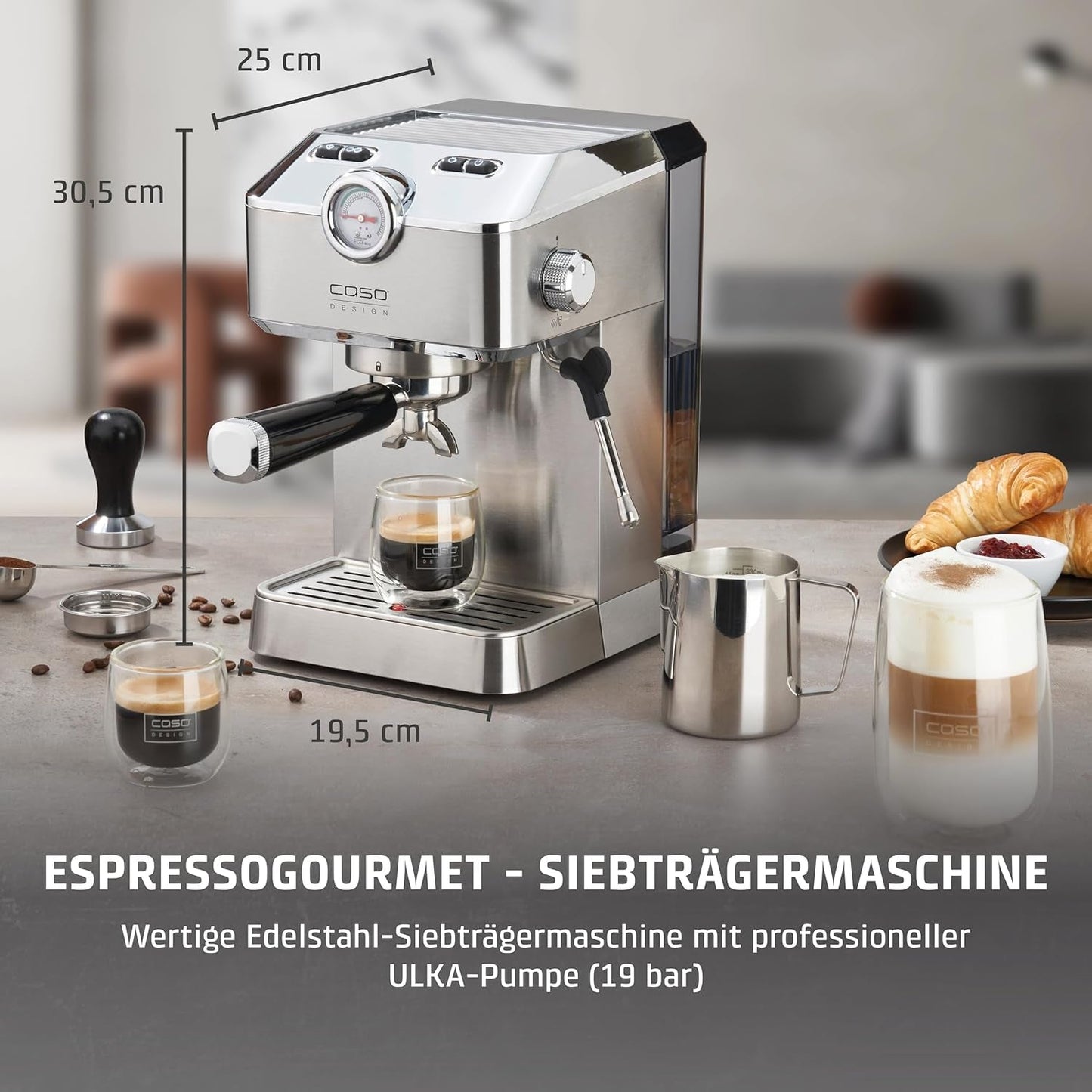 Caso Espresso Gourmet – Siebträger-Espressomaschine aus Edelstahl, leistungsstarke 19-bar-Ulka-Pumpe, mit Milchaufschäumer, für gemahlenen Kaffee oder ESE-Kaffeekapseln, für 2 Tassen, mit Tassenwärmer