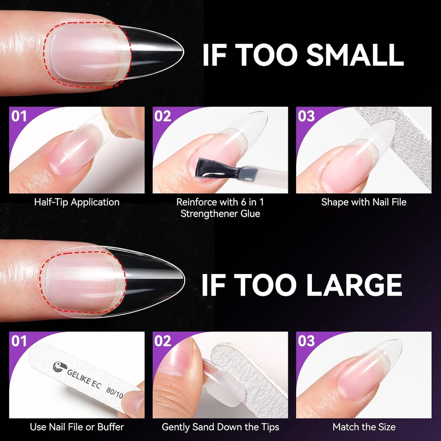 Gelike Ec Short Almond Nails – Weiche Nägel mit vollständiger Abdeckung, vorpolierte künstliche Nägel für Nagelverlängerungen, Nagelstudio zu Hause, DIY-Salon, 120 Stück, 12 Größen