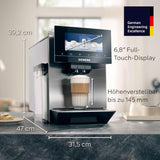 Siemens EQ900 TQ903D03 Automatische Espressomaschine, App-Steuerung, intuitives Touch-Display, Barista-Modus, AromaBoost, Geräuschreduzierung, Premium-Mahlwerk, automatische Dampfreinigung, 1500 W, Edelstahl