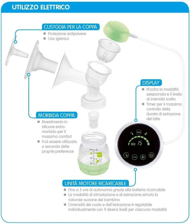 MAM Elektrische und manuelle Milchpumpe 2 in 1, mit 9 Stimulationsstufen, enthält 2 Flaschen, einfacher Start, grün Zubehör Essen und Stillen Bebe Naty Shop