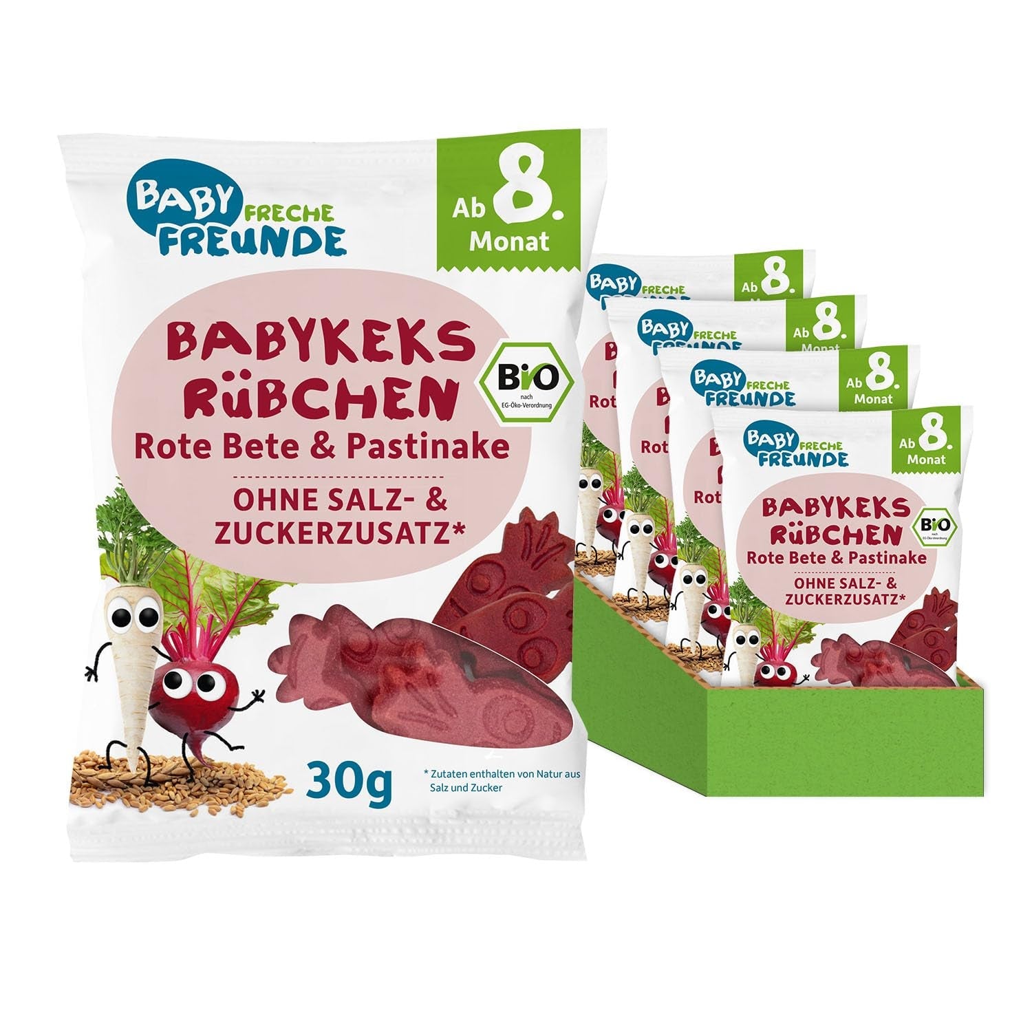 BABY FRECHE FREUNDE Bio-Babykekse mit Roter Bete und Pastinake, Snack für Babys ab 8 Monaten, ohne Zuckerzusatz, vegan, 8er Pack (8 x 30g)