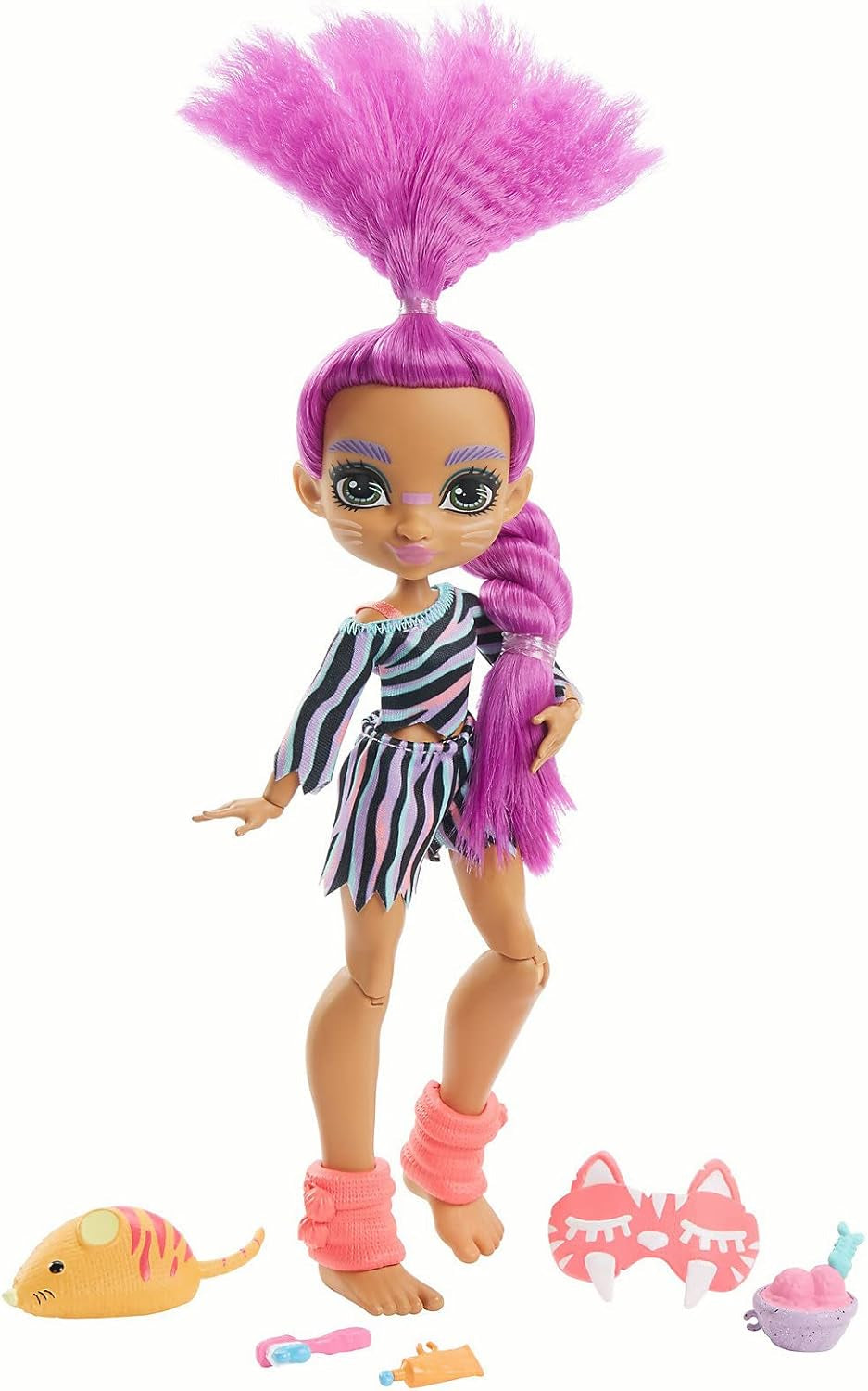 Cave Club GTH02 – Roaralai Pyjama-Partyspaß-Puppe, bewegliche Puppe mit lila Haaren und Accessoires, Geschenk für Kinder ab 4 Jahren, mehrfarbig
