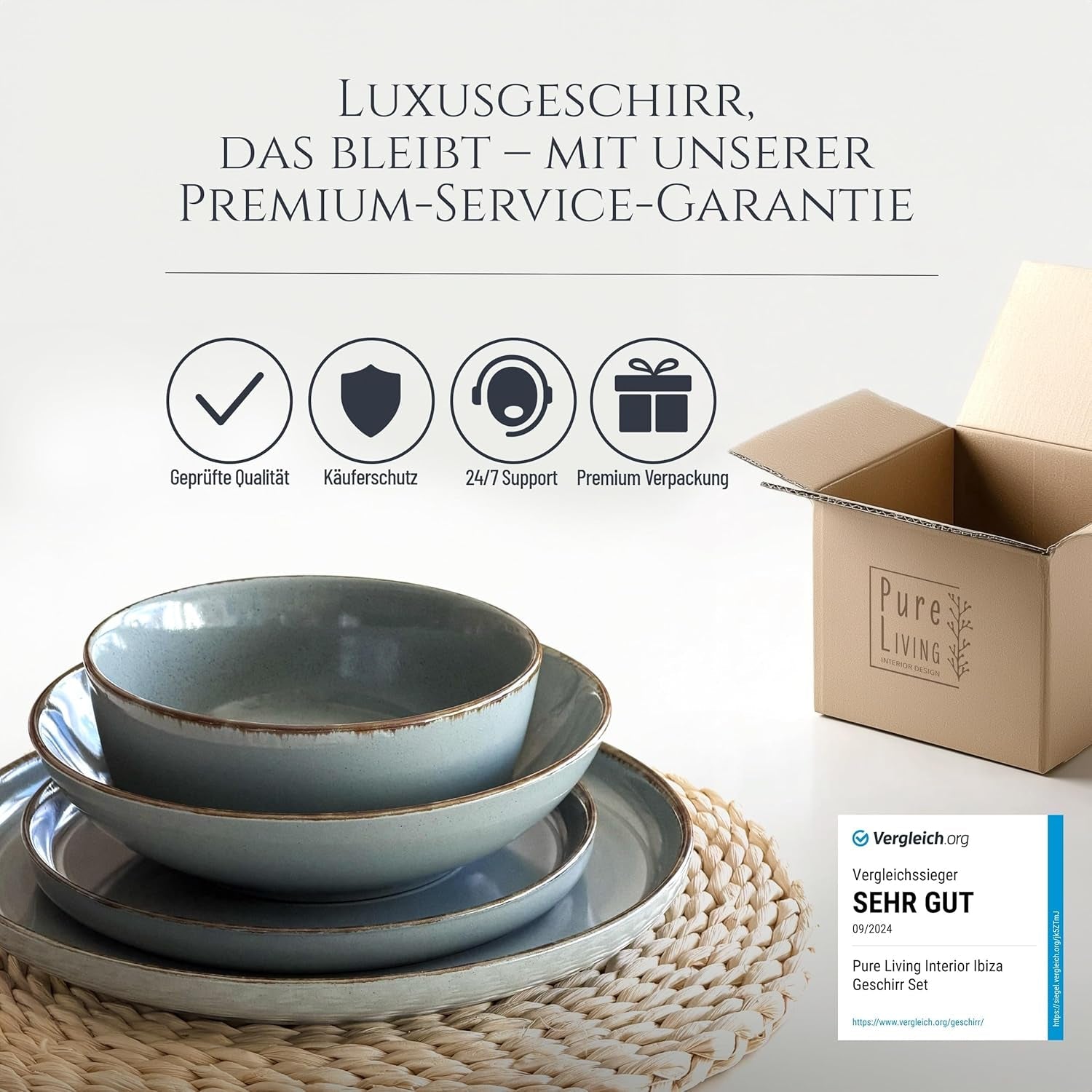 Steingut Geschirrset 6 Personen Rustikal 24 tlg. TESTSIEGER, Hochwertiges Landhausstil Steingut Geschirr Set, Schüssel- und Teller Set, Tafelservice 6 Personen, Geschirrsets Pure Living in Rauchblau