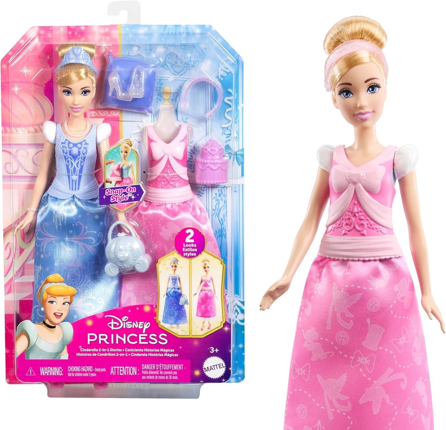 Mattel Disney Princess Toys Cinderella-Modepuppe mit 2 Outfits, 9 Accessoires, 2 Oberteilen mit Clips und 2 Röcken. 2-in-1-Geschichten, inspiriert vom Disney-Film JCR95