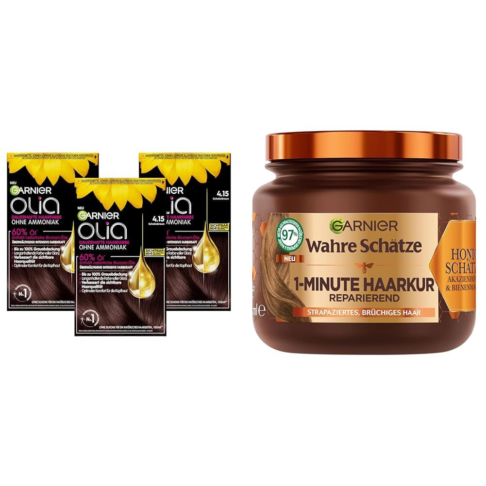 Garnier Olia Haarfarbe 6.0 Hellbraun + True Treasures Repair Treatment (340 ml) für strapaziertes Haar – ammoniakfreie Färbung, natürliche Öle, Grauhaarabdeckung, Honig und Bienenwachs, weniger Haarbruch Naty Shop Haarfarbe 3X Haarfarbe + Repair Treatment