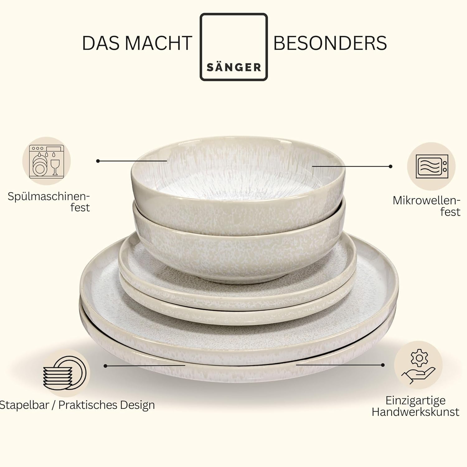 SANGER | 24-teiliges Korfu-Geschirrset Tafelservice für 8 Personen Handgefertigtes Keramik-Geschirrset inklusive Speisetellern, Desserttellern und Suma-Tellern. Cremefarbenes Geschirr mit sandiger Textur