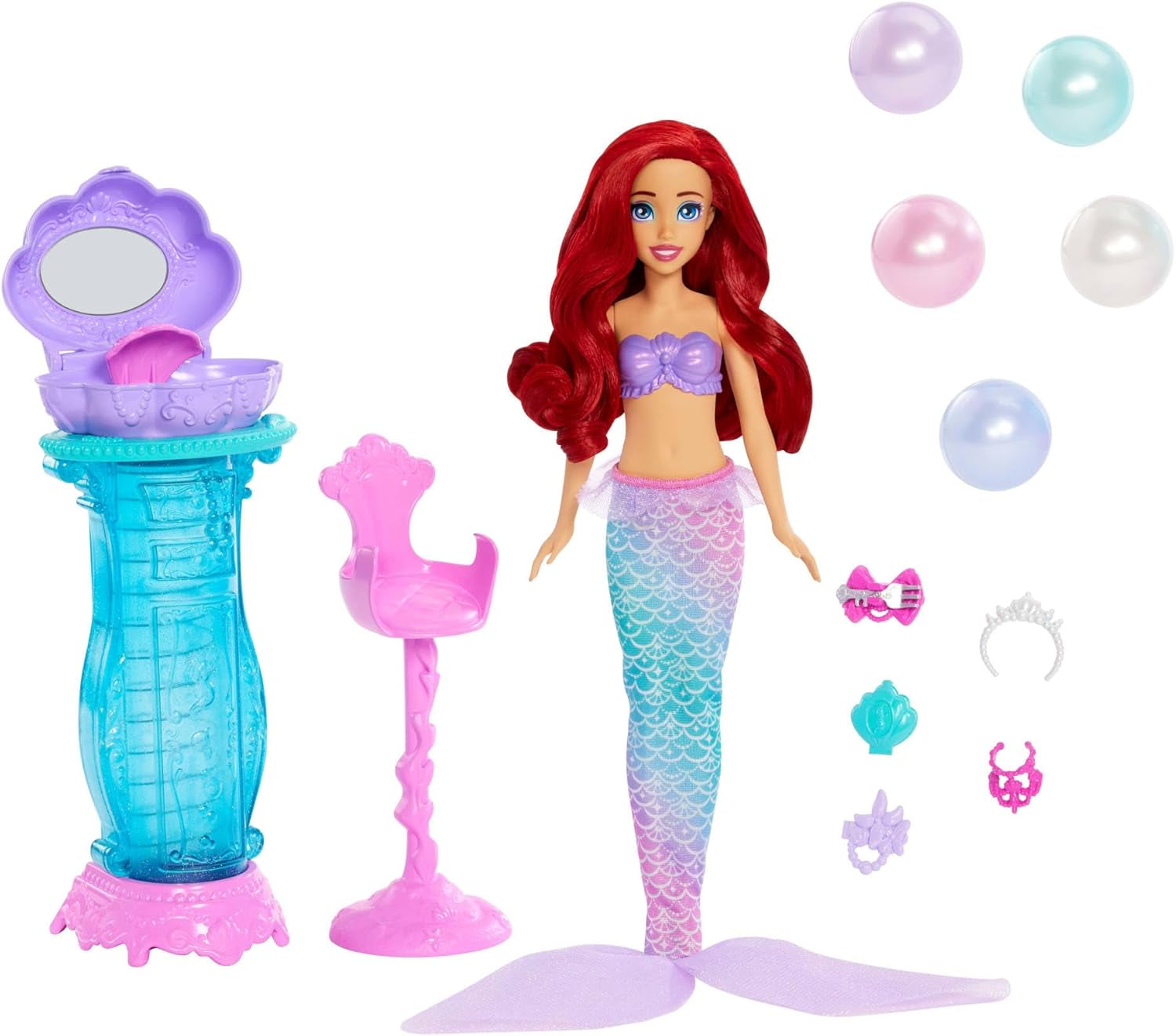 Mattel Disney Princess Toys, Meerjungfrau-Arielle-Modepuppe mit abnehmbarer Schwanzflosse, Schminktisch mit 5 wiederholbaren Pop-Up-Überraschungen und 5 Zubehörteilen, JBF86