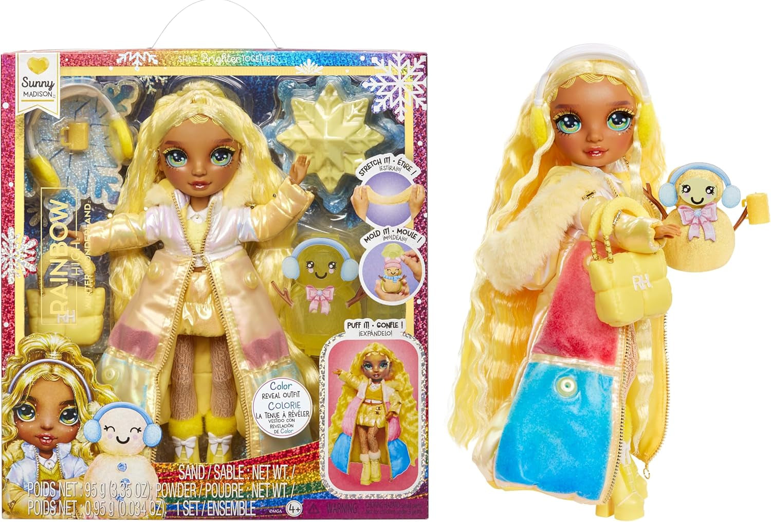 Rainbow High Winter Wonderland – Skyler (blau) – 28 cm große versteckte magische wasserspeichernde Schnee-Modepuppe mit Schneemann-Set, geeignet für Kinder im Alter von 4–12 Jahren und Sammler, Naty Shop Sunny Dolls (gelb)