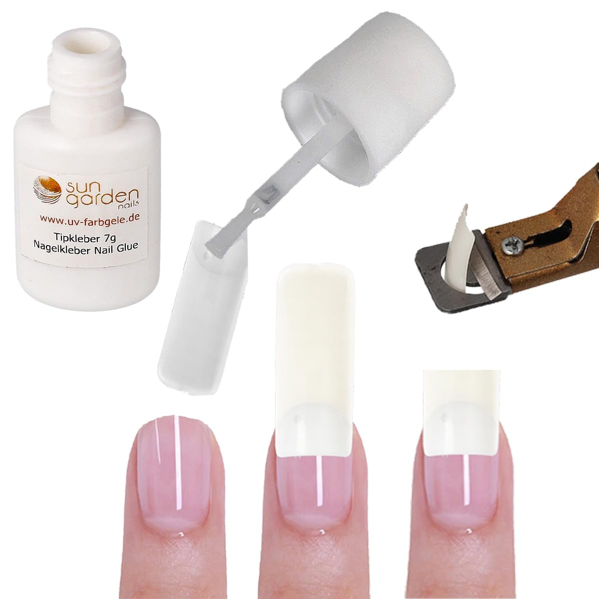 Sun Garden Nails einphasiges transparentes Gel 30 ml + Box mit 100 Spitzen + Kleber für Spitzen 7 ml