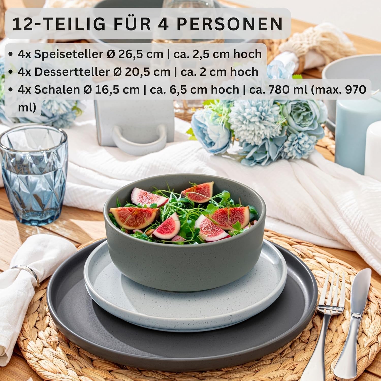 SÄNGER Leeds | 12-teiliges Steinzeug-Geschirrset, 4-Personen-Essteller-Set (4 Speiseteller, 4 Dessertteller, 4 Schüsseln), farbenfrohes, kratzfestes Geschirr | DIE VALUE-KOLLEKTION