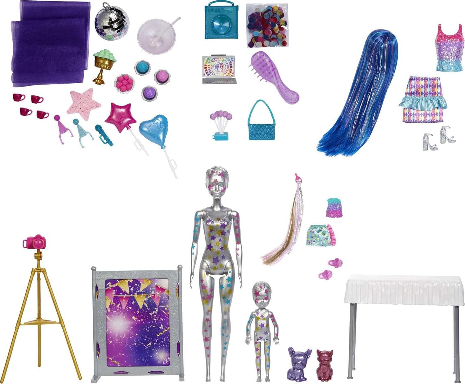 Barbie GXJ88 – Color Reveal Surprise Party, +50 Überraschungen: 1 Puppe, 1 Chelsea-Puppe, 2 Tiere, 6 Farbwechsel, Zubehör und mehr, Tanzparty-Set, Spielzeuggeschenk für Kinder ab 3 Jahren