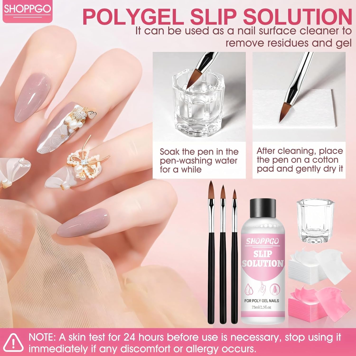 Polygel Glättungslösung, Polygel Slip Solution Nagelset, Glättungslösung 75 ml, inklusive 5 Nagelspitzenclips, 3 Nagelbürsten, 1 Kristallbecher, 100 Reinigungsblätter