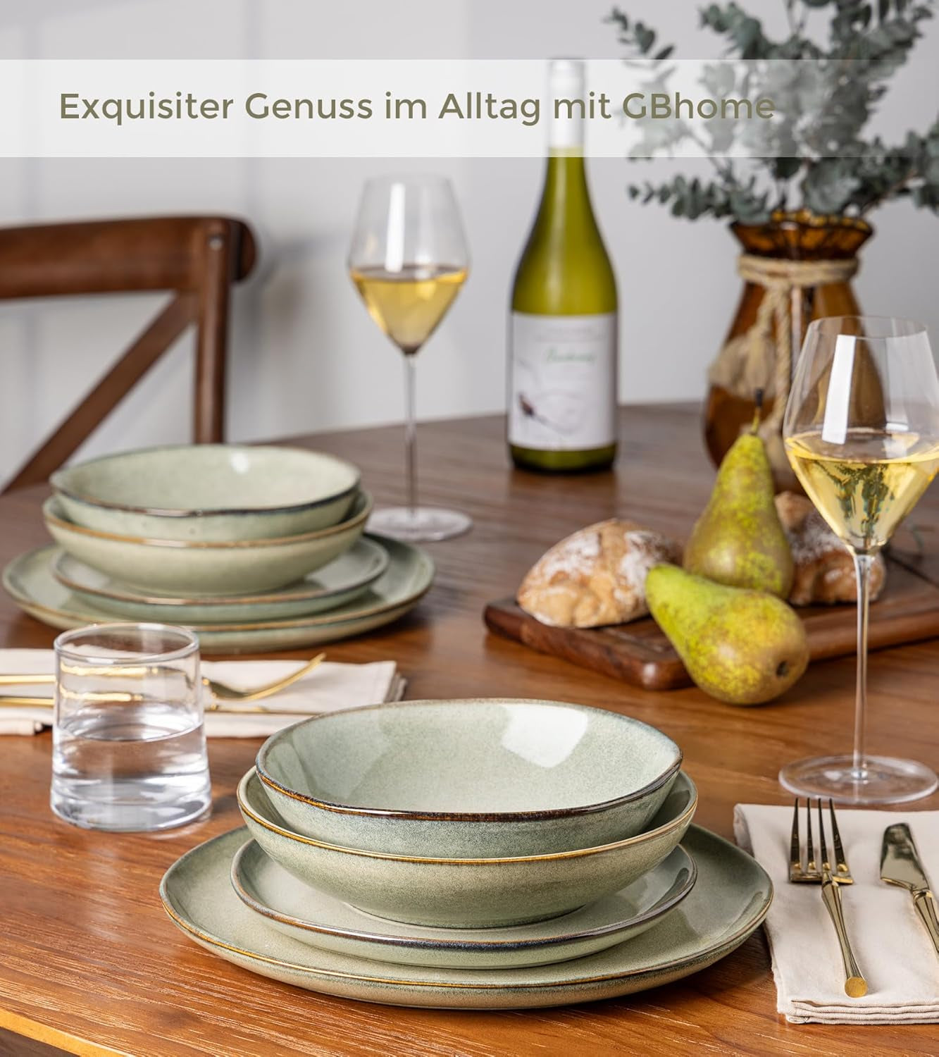 GBhome 6-Personen-Keramikgeschirr-Set, 24-teilig, mit reaktiver Glasur, handgefertigt, mikrowellen- und spülmaschinenfest, Schüssel- und Teller-Set, Desret Sage GDW007GY-24P-EU