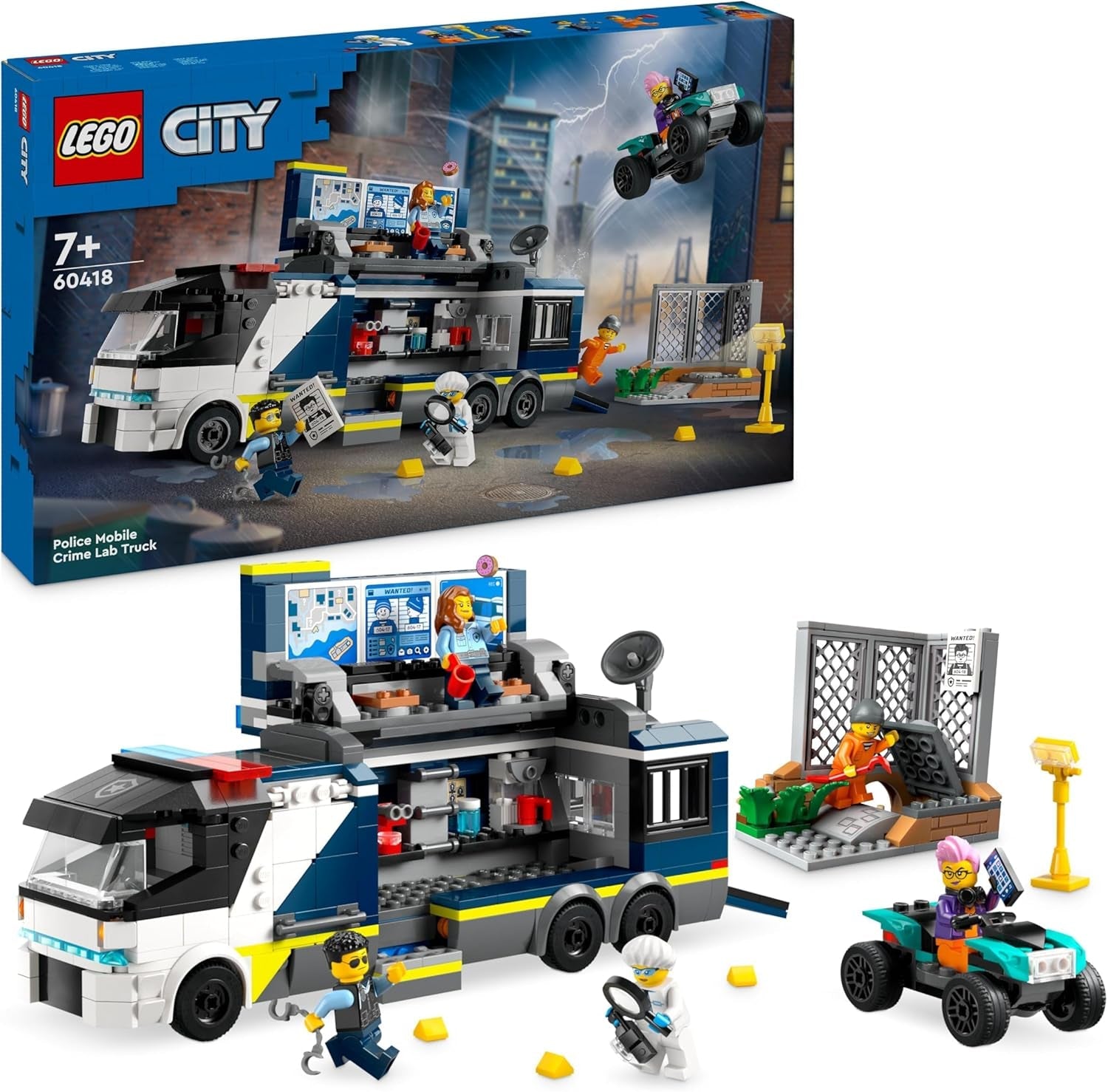 LEGO City Polizei-Truck mit Labor, Quad-Polizei-Set und Spielzeug-Truck für Kinder, Geschenk für Jungen und Mädchen ab 7 Jahren, plus 5 Minifiguren – 2 Polizisten, 1 Wissenschaftler und 2 Gauner 60418 Bausets Beuche den LEGO-Store Single