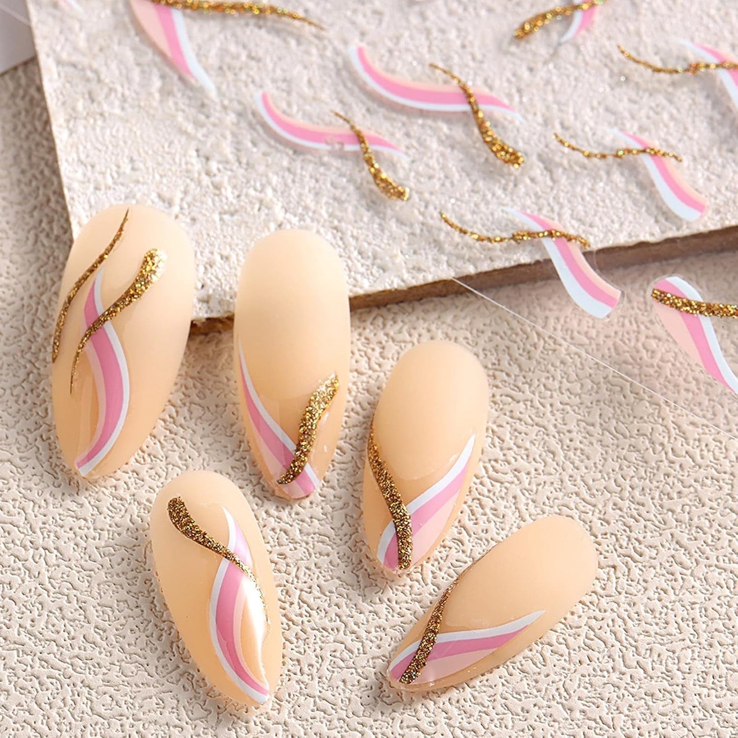 JMEOWIO Nagelsticker Französische Spitze 9 Blatt Nail Art Sticker Selbstklebend Nagelaufkleber Glitzer Wellenlinie Dekoration Nageldesign Zubehör