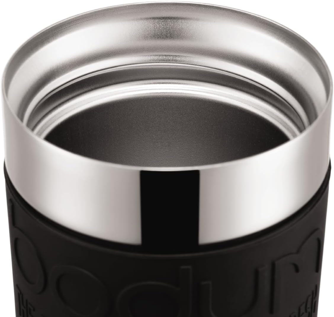 Bodum K11067-01 Reisepresse, Edelstahl, schwarze Kaffeemaschine mit Ersatzdeckel, 350 ml