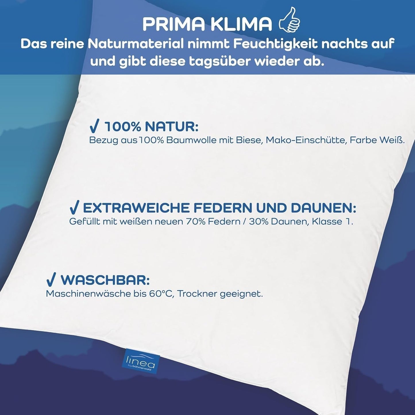 LINEA von Böhmerwald - Cozy - Hochwertiges Balance-Kissen, 80X80, 70 % Federn der Klasse 1, 30 % neue Daunen, allergikergeeignet, waschbar bis 60°C, hergestellt in Deutschland Naty Shop Standardkissen