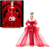 Barbie Signature-Puppe zum 80-jährigen Jubiläum von Mattel, Sammlerfigur in funkelndem roten Tüllkleid mit tropfenförmigen Ohrringen und zarten Handschuhen, blondes Haar, JBJ17
