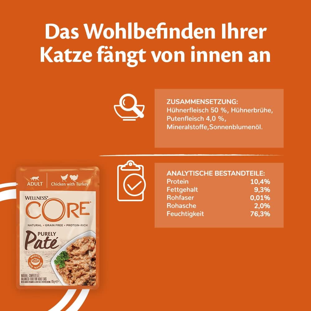Wellness CORE Purely Paté 24 x 85g, Huhn und Pute – Nassfutter für Katzen, feine Pastete, getreidefrei, natürlich, hypoallergen, proteinreich, fleischreich