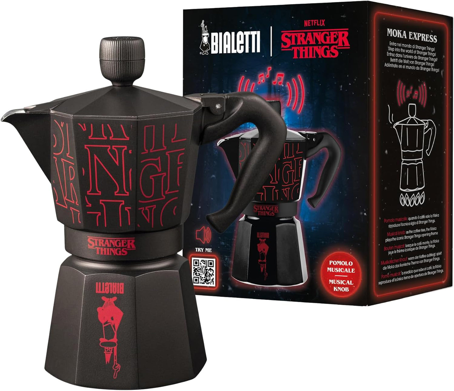 Bialetti Moka Express Stranger Things 6-Tassen-Kaffeemaschine, Musiktaste mit USB-C-Ladefunktion, nicht für Induktionsherde geeignet, 6 Tassen (270 ml), Schwarz